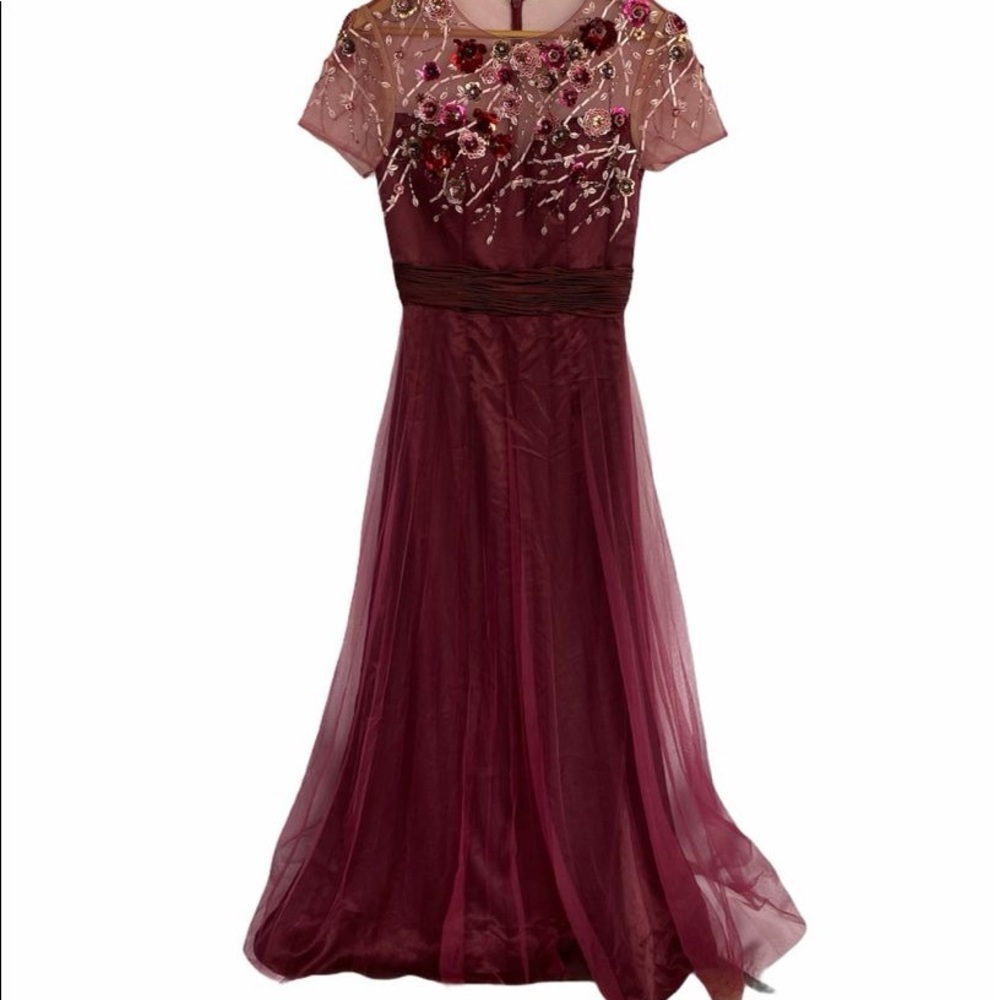 JS Collections Nordstrom 
BEADED BODICE MESH GOWN burgundy wine dress size 2
